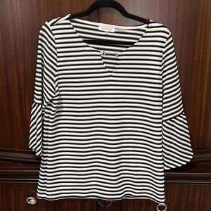 Calvin Klein Black and White Striped Keyhole Bell Sleeve Lined Blouse Size M